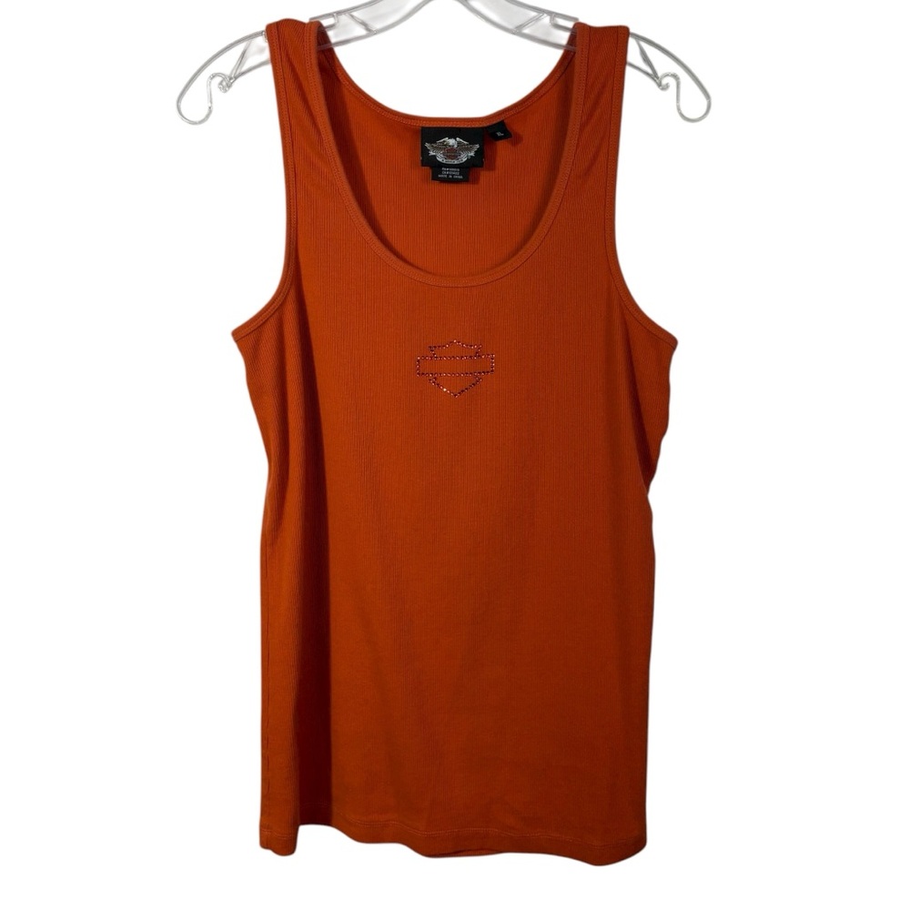 Harley Davidson Women's Y2K Orange Rhinestone Emblem Ribbed Tank Top XL Biker
